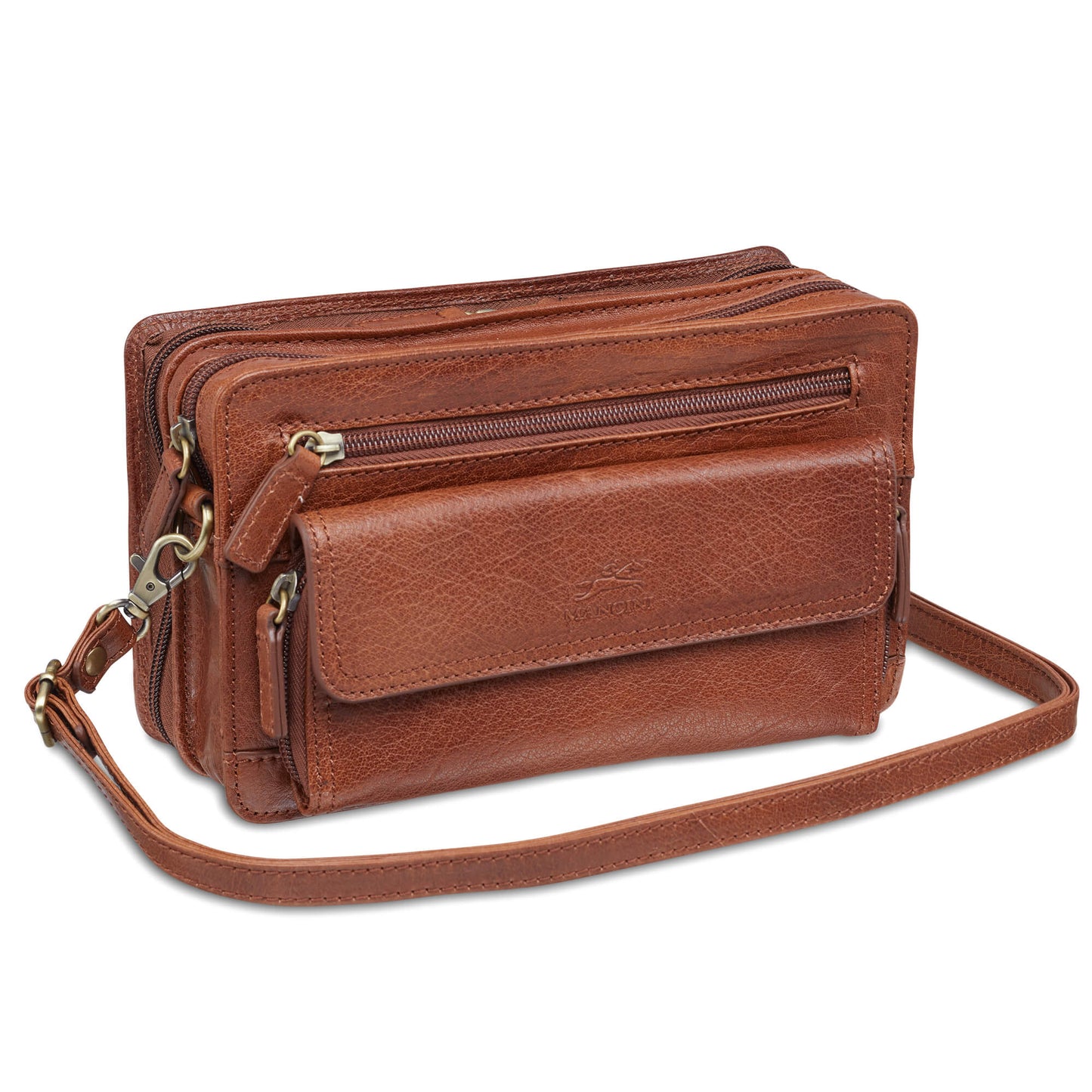 Mancini Arizona Unisex Bag with Zippered Organizer Pocket - Cognac