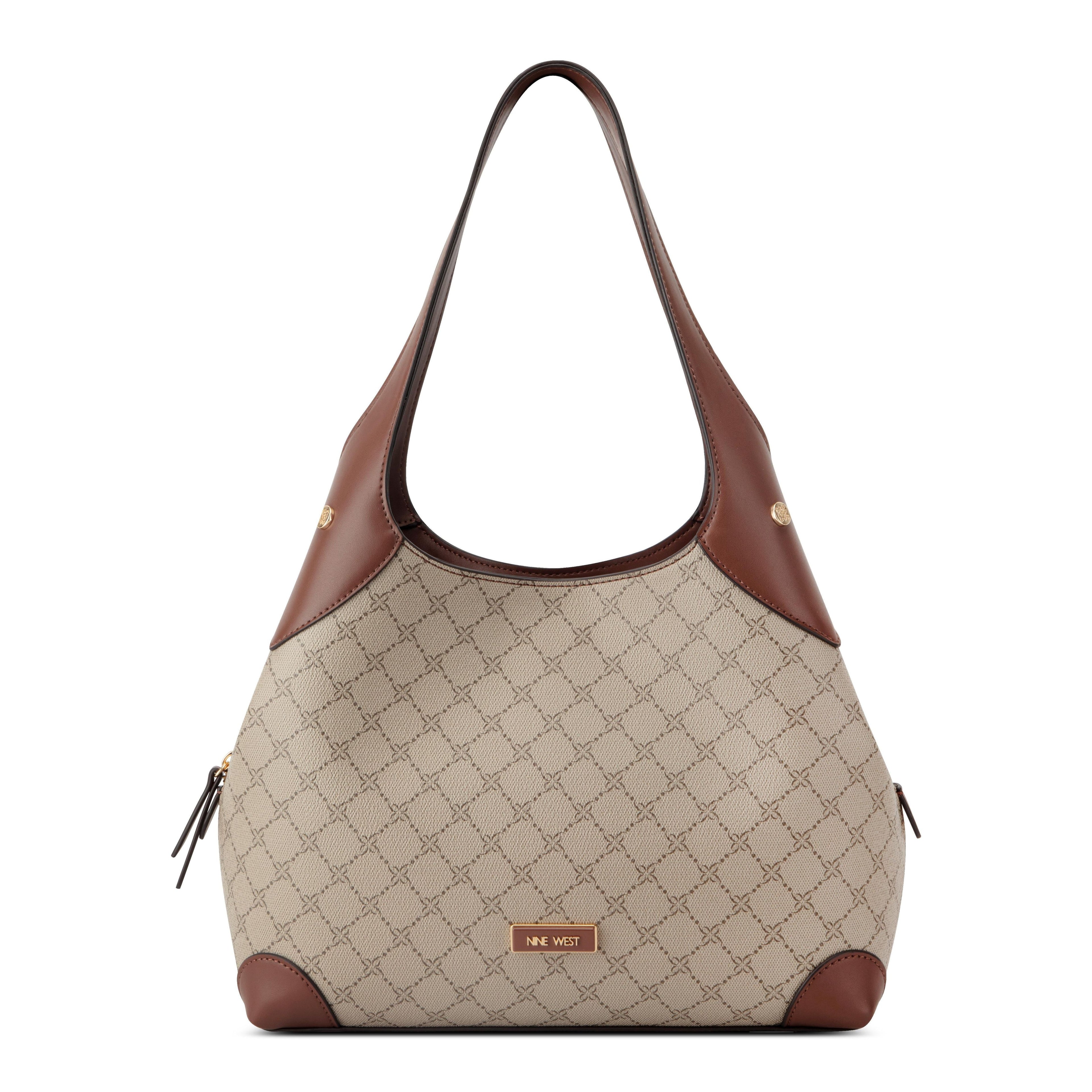 Nine West Handbags EAMON 3 COMP SHOULDER BAG BEIGE LOGO/MAHOGANY