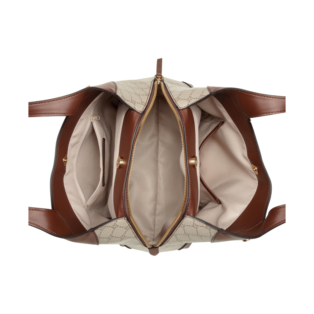 Nine West Handbags EAMON 3 COMP SHOULDER BAG BEIGE LOGO/MAHOGANY