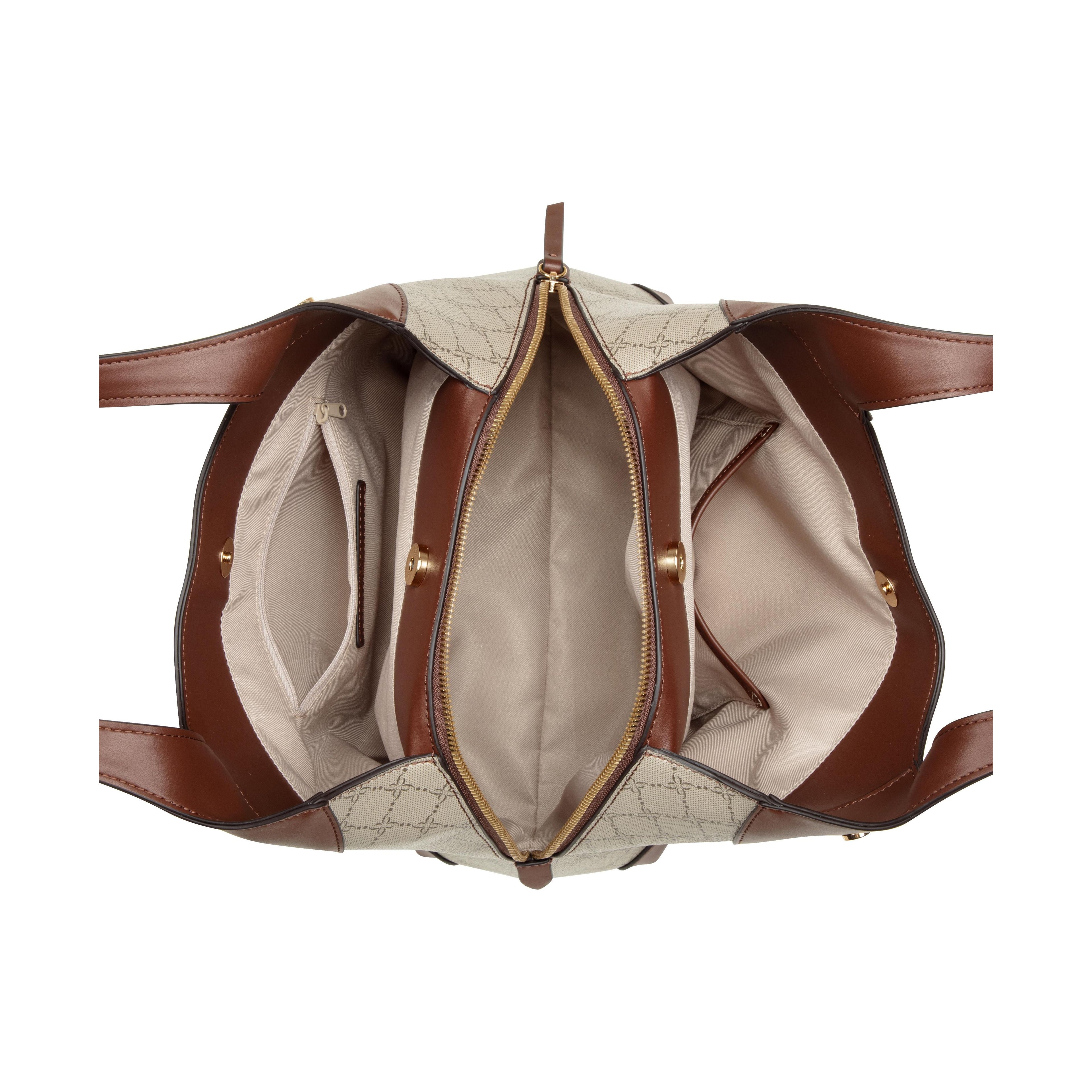 Nine West Handbags EAMON 3 COMP SHOULDER BAG BEIGE LOGO/MAHOGANY