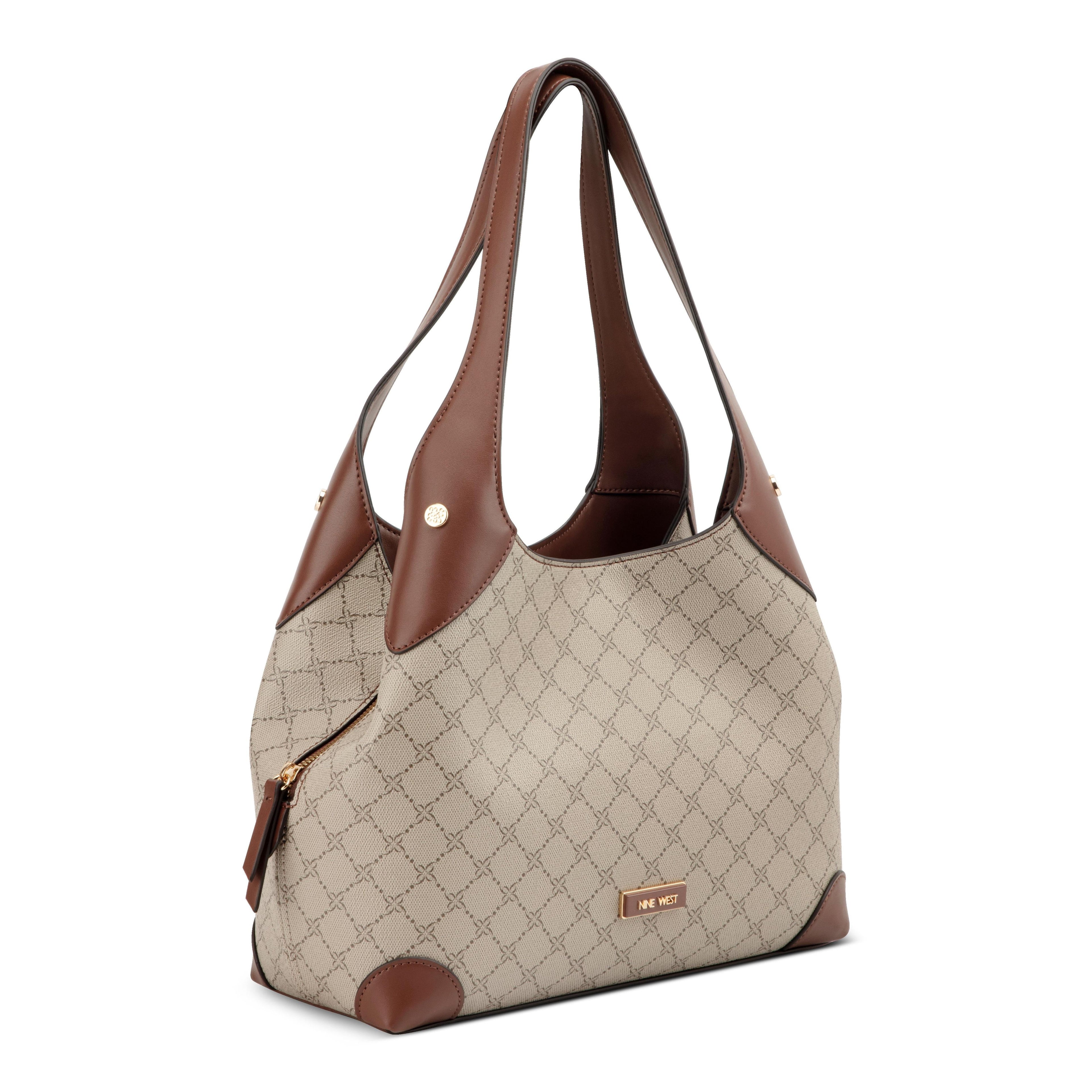 Nine West Handbags EAMON 3 COMP SHOULDER BAG BEIGE LOGO/MAHOGANY
